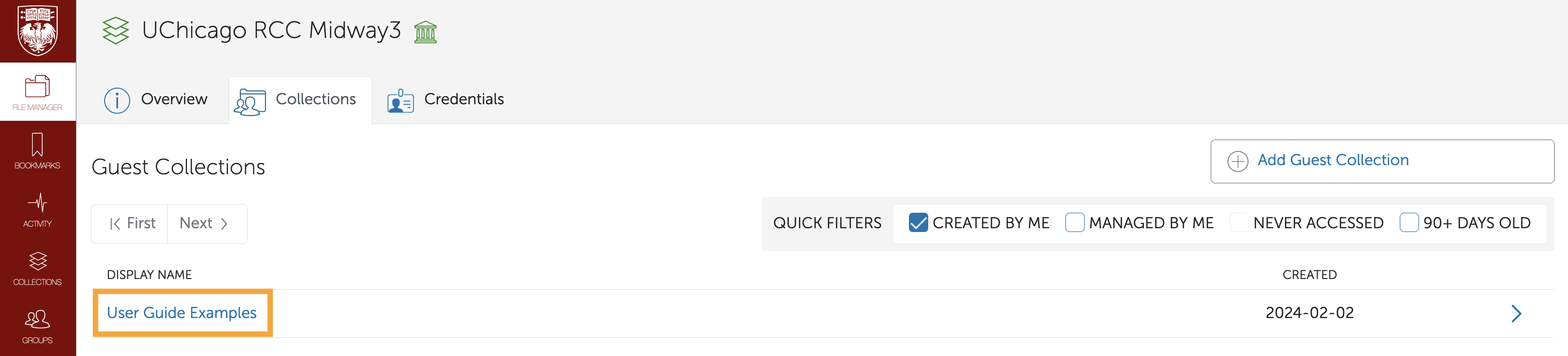 Globus File Manager open to Create new Guest Collection with the Create Collection button highlighted.