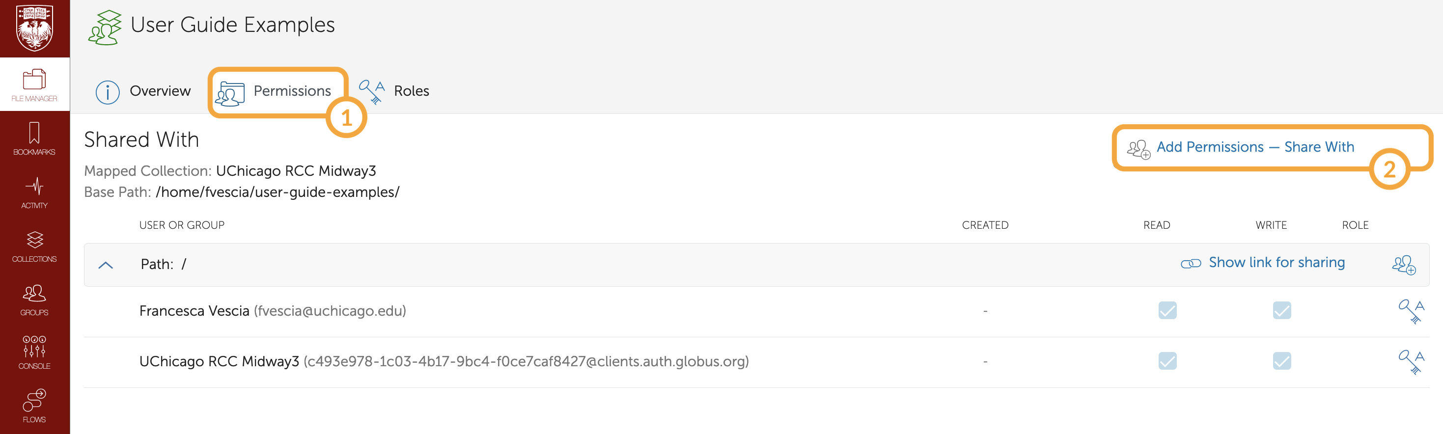 User Guide Examples collection open to Permissions with the Add Permissions button highlighted.