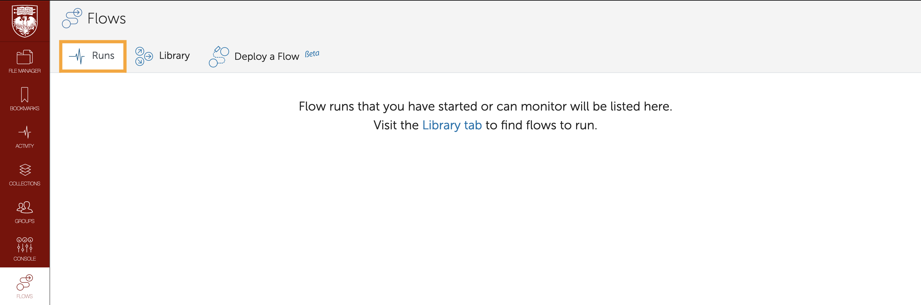 Globus Flows open to the Runs tab. Flow runs that you have started or can monitor will be listed here. Visit the Library tab to find flows to run.