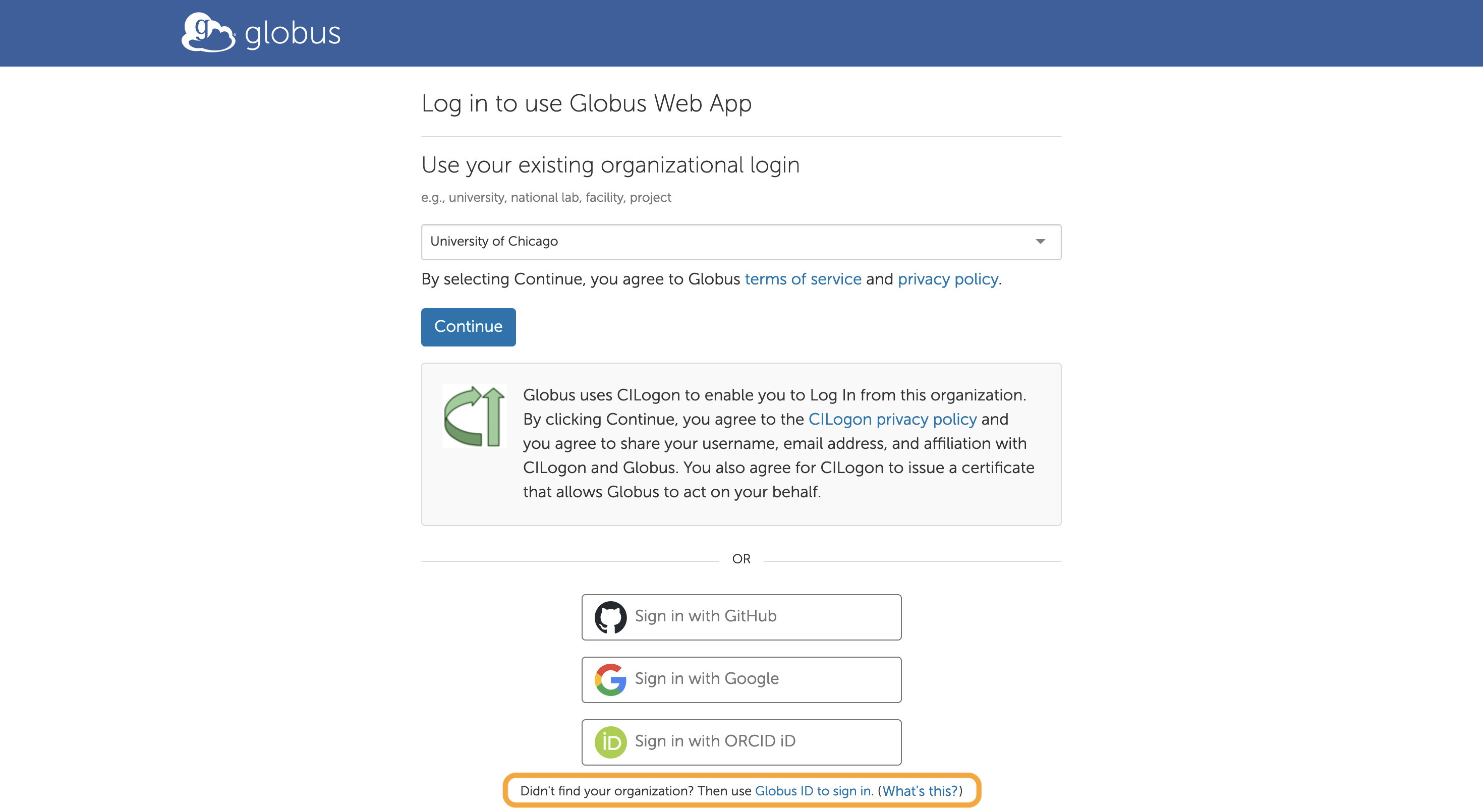 Globus Web App home page with "use Globus ID to sign in" highlighted.
