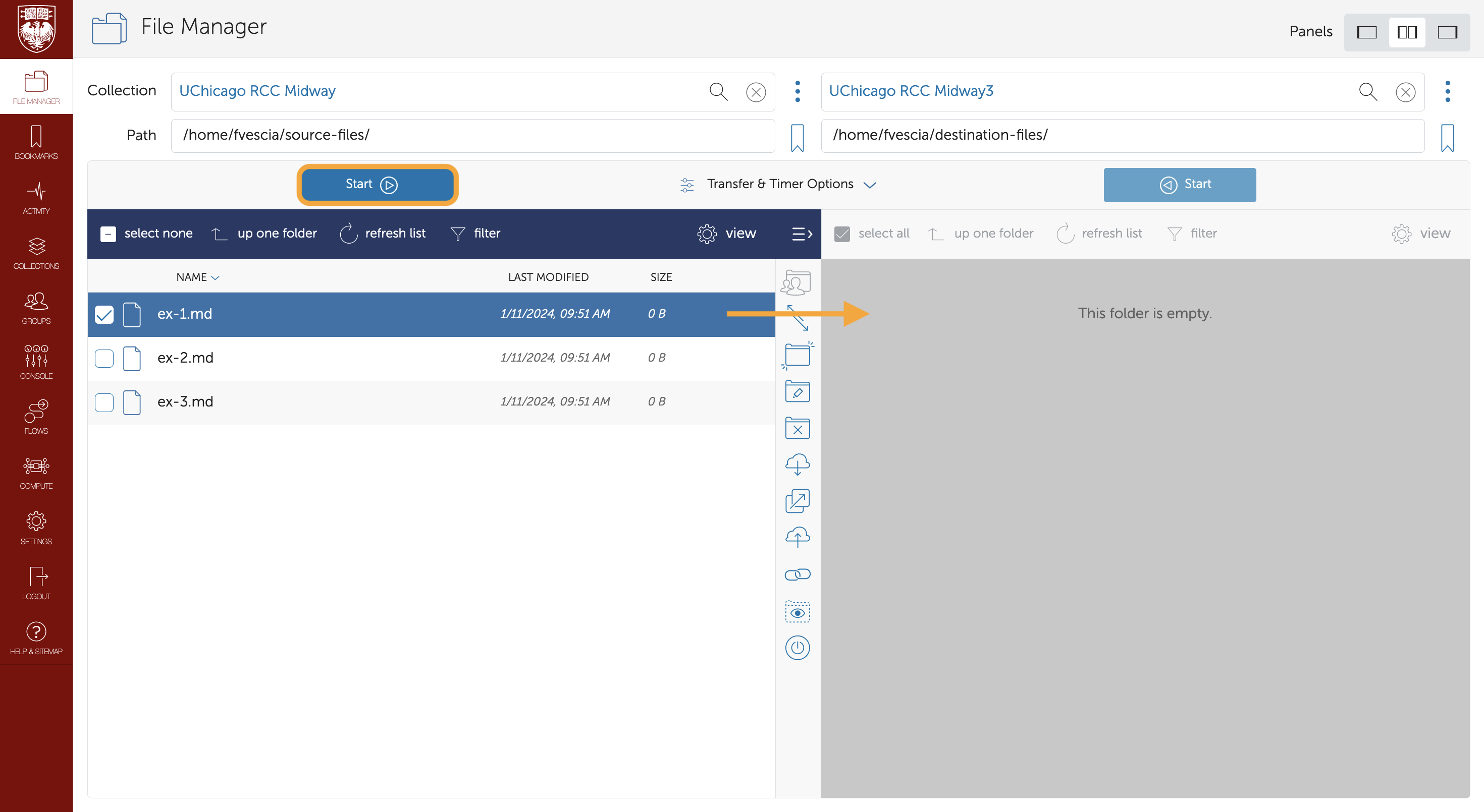 Globus web app File Manager open in two-pane mode with the "Start" button highlighted.
