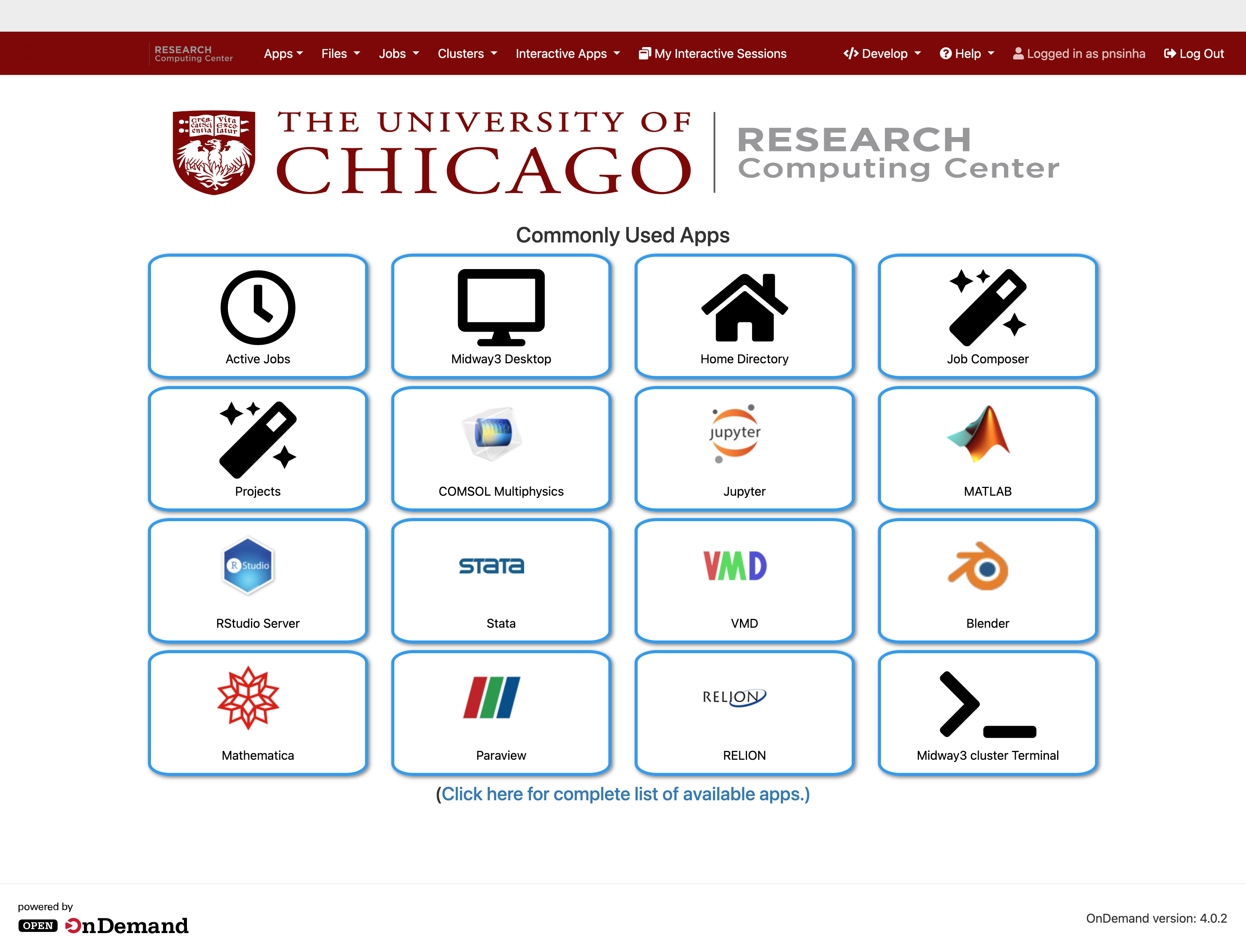 OOD Dashboard showing commonly used apps