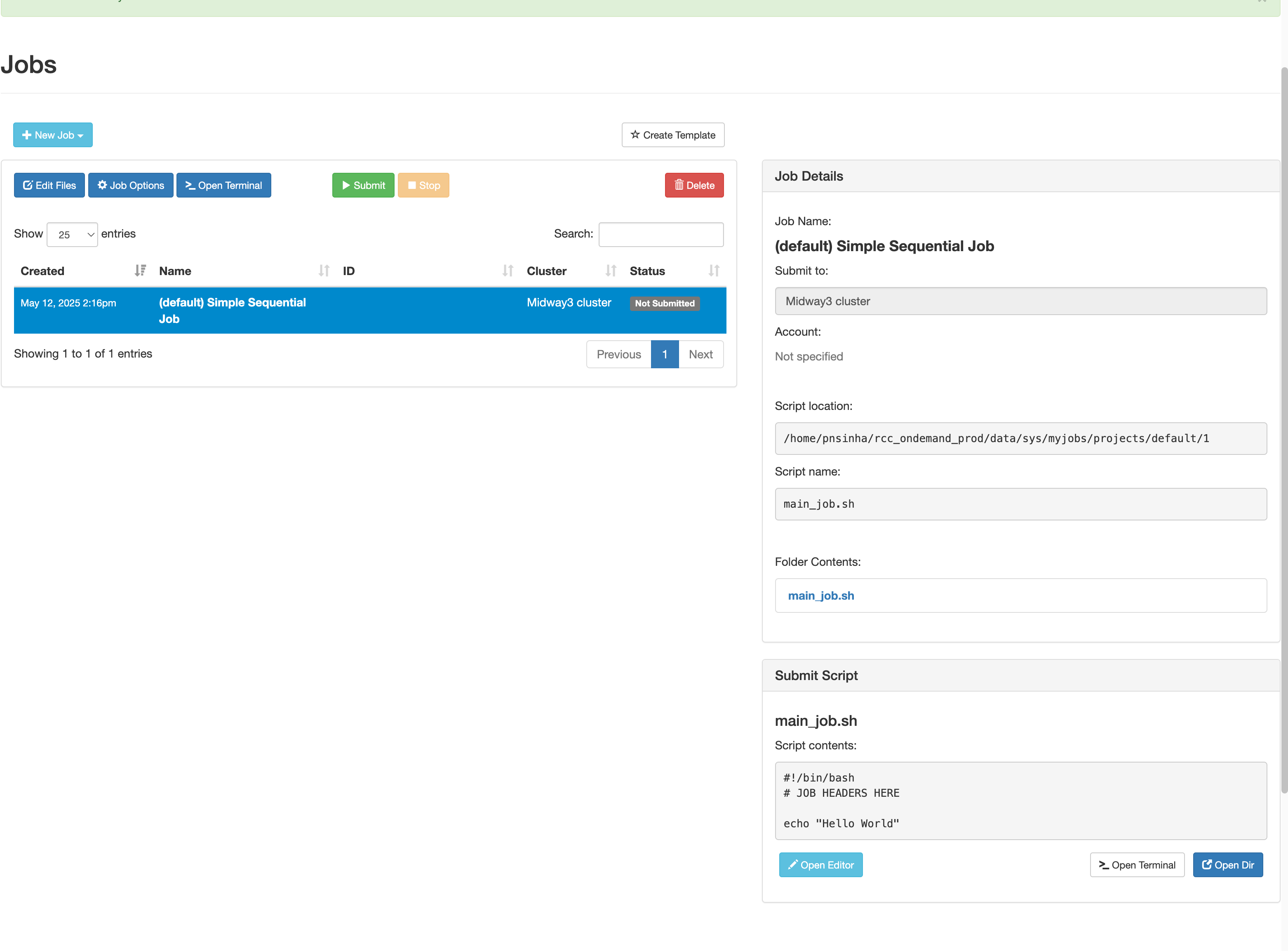 OOD Job Composer showing job details and script contents
