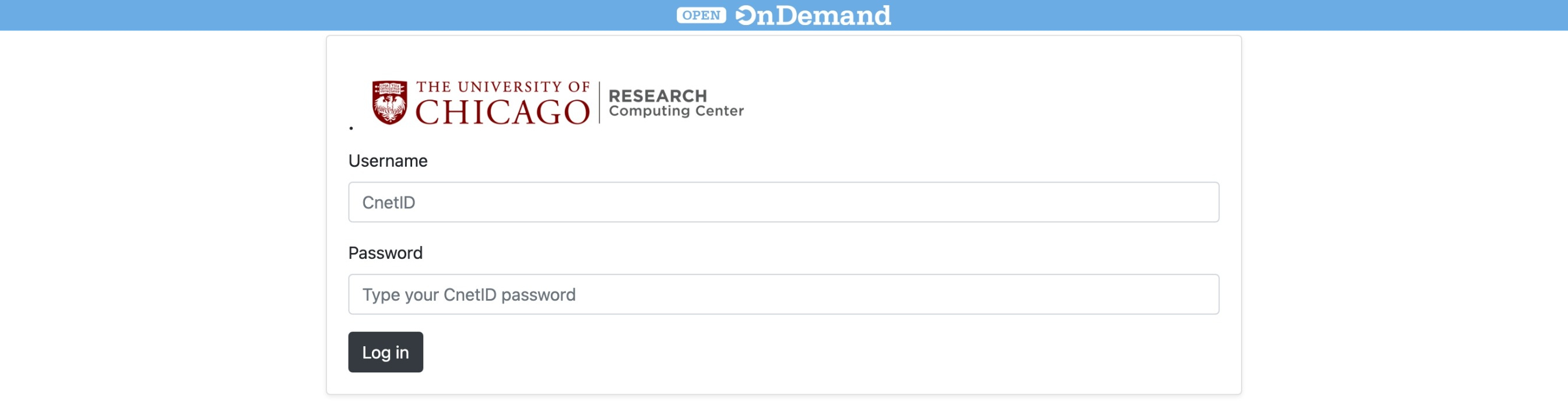 Open OnDemand login screen with CNetID and password fields